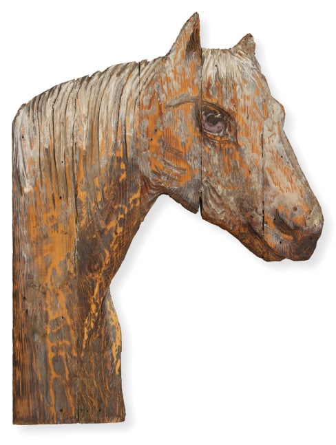 Wall-hanging wood sculpture of the head and neck of a horse