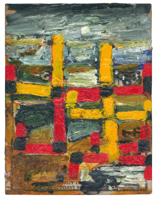 Abstract painting on paper consisting of marks in yellow, red, black, green, gray, blue and brown