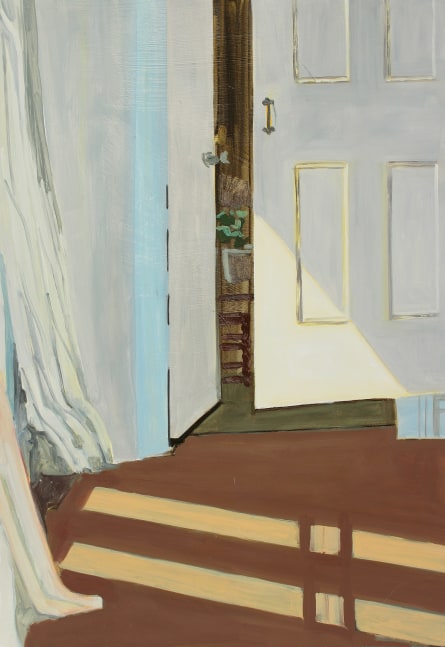Painting of an interior, with a doorway partially open to another room, and sunlight streaming across the floor from a window on the left