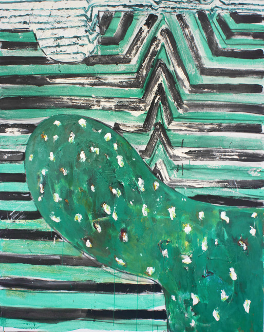 Abstract painting consisting of lines and forms in green, black and white