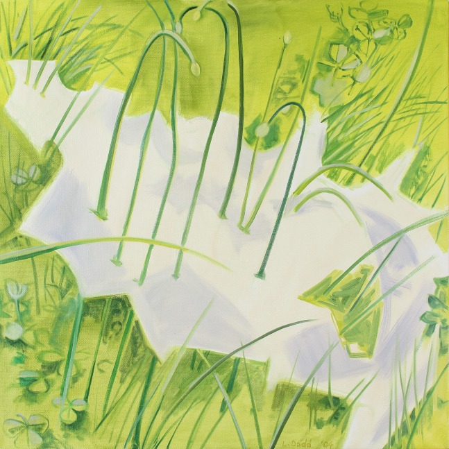 Painting of an abstracted white shape in the grass, with plants growing out of it