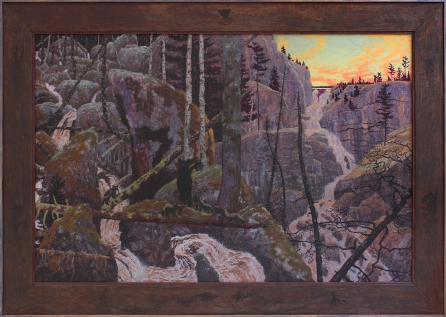 Painting of two waterfalls flowing over a rocky landscape, with a bear toward the center left standing on its hind legs facing the viewer and a second bear climbing a fallen tree in the background