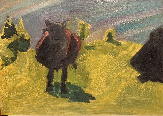 Lois Dodd, Bally Vaugh Cattle, April, 2001, oil on aluminum flashing, 5 x 7 inches