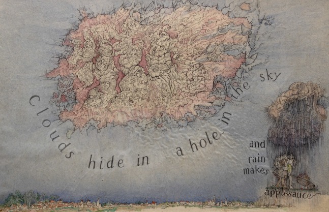 Drawing for a book illustration of a cluster of clouds inside of a hole ripped into a drawing of a blue sky, with text that reads, &quot;clouds hide in a hole in the sky and rain makes applesauce.&quot;