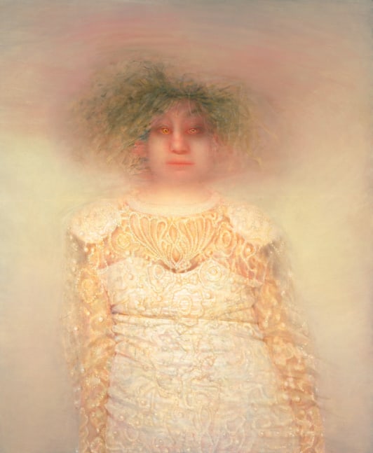 Painting of a figure with curly blonde hair in a white beaded dress