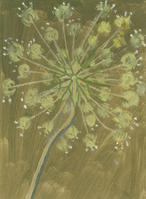 Painting of a plant with small white flowers on a brown ground