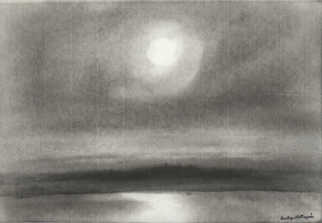 Charcoal landscape drawing of the sky and ocean at dawn or dusk, with the sun or moon reflecting off the water below