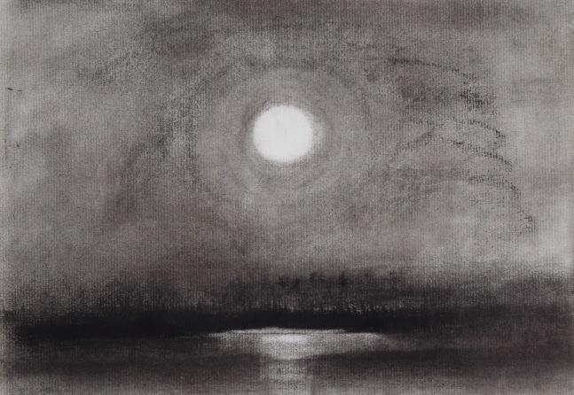 Landscape charcoal drawing of the moon in the middle of a darkening sky, reflecting off the sea below