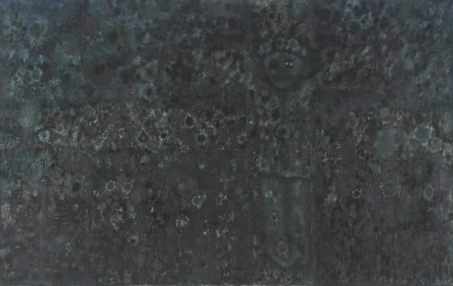 Atmospheric painting of a figure on a crucifix disappearing into a dark grey background