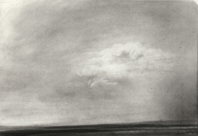 Charcoal landscape drawing of a soft cloud in the sky over the sea and shoreline