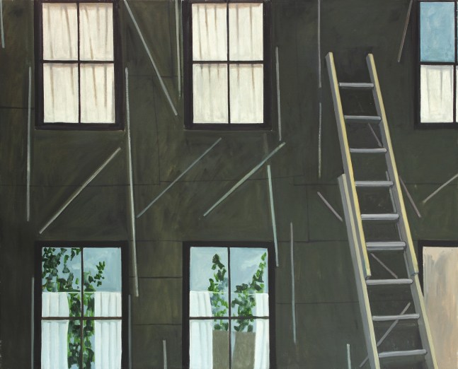 Painting of the side of a building with six windows and a ladder leaned up against the wall