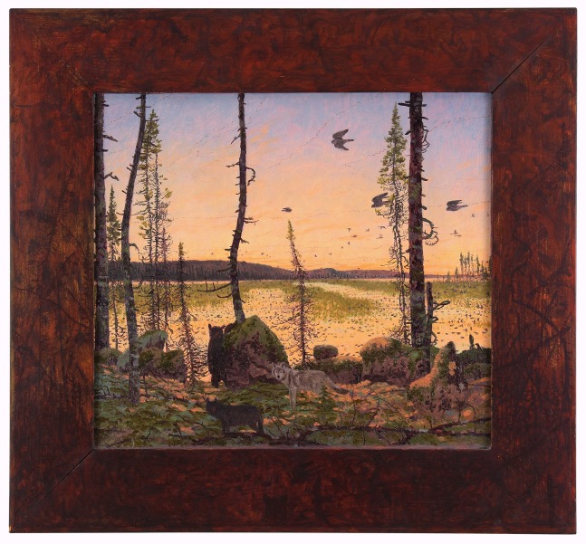 Tom Uttech, Neiab Nin Nasikodadimin, Nij, 1996, oil on canvas, 23 1/8 x 24 3/4 inches, including artist&amp;#39;s hand painted frame