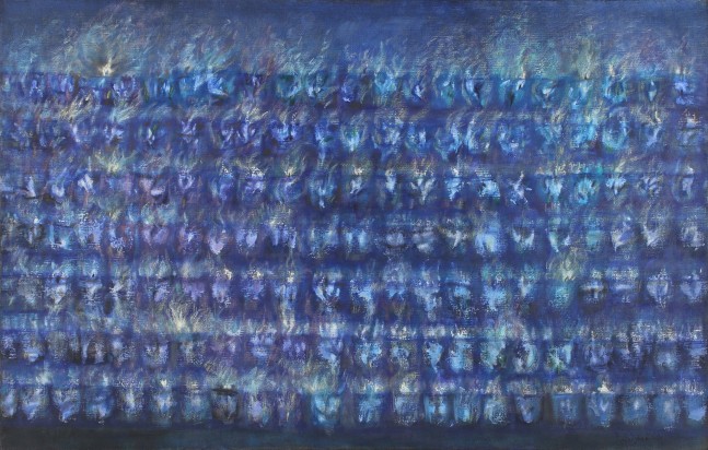 A blue painting filled with abstract, atmospheric votive candles