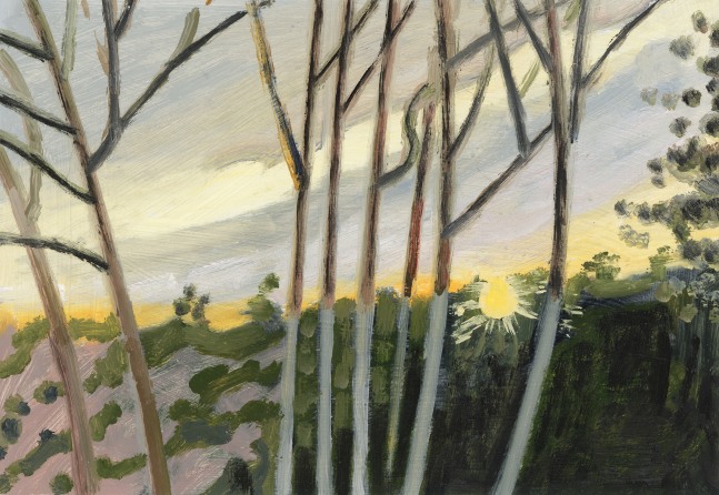 Painting of a sunset seen through bare winter trees