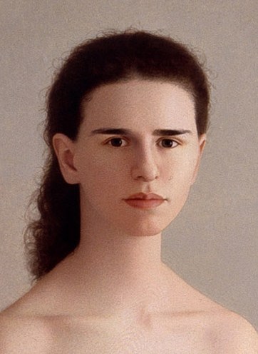 Painting of a nude figure from the shoulders up, gazing at the viewer