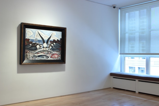 Photograph showing a view of an exhibition space, with a painting hanging on a white wall
