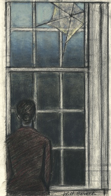 Drawing of a woman facing a window with her back to the viewer, and a large spiderweb at the top right corner of the window