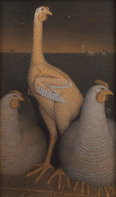 Painting of a yellow chicken with two older hens on either side, with a darkly-lit farm scene in the far distant background