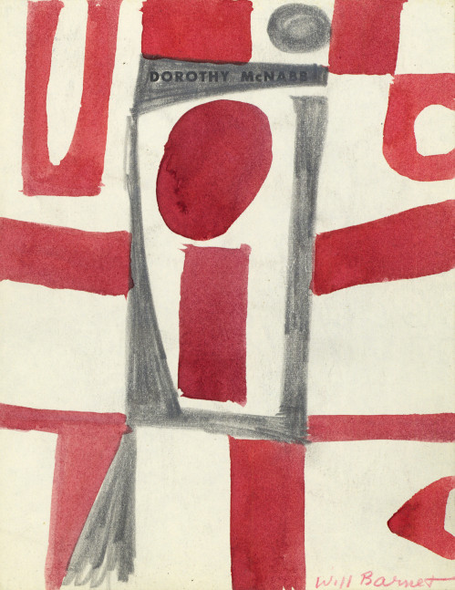Abstract painting consisting of geometric forms in red and grey arranged over an ivory surface, with text reading &quot;Dorothy McNabb&quot; on the upper portion of the piece