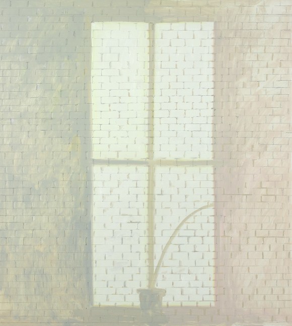 Painting of a patch of sunlight on a white brick wall