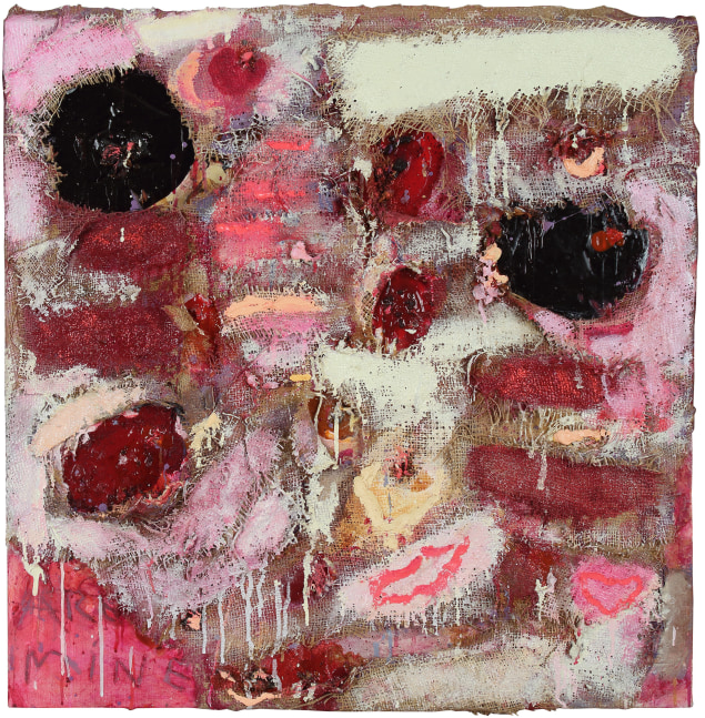 Abstract painting with marks of maroon, pink, red, yellow, orange, and white arranged on a roughly textured surface