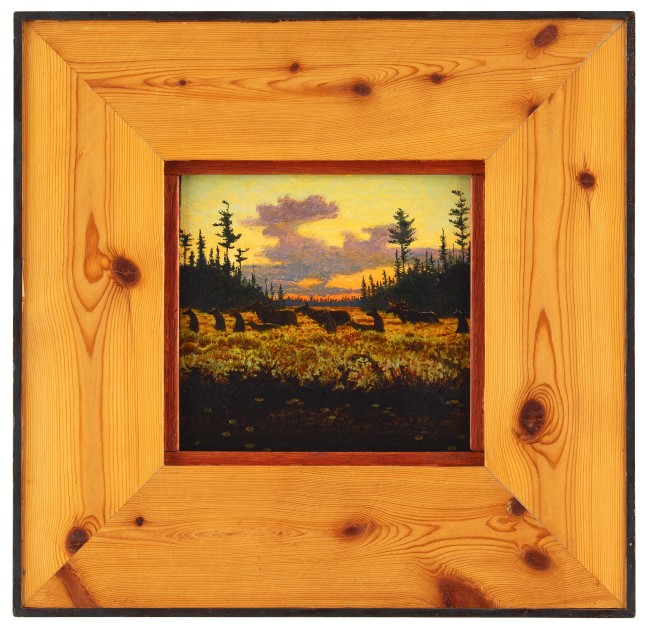 Painting of a group of bears and moose walking through a clearing at sunset