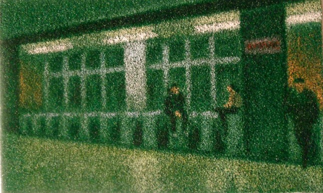 Jane Dickson,&amp;nbsp;S.I. Ferry Turnstiles, 2000, oil on astroturf mounted to canvas, 16 x 22 inches