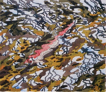 Trout and Reflected Tree, 1985, etching, 25 3/4 x 28 inches