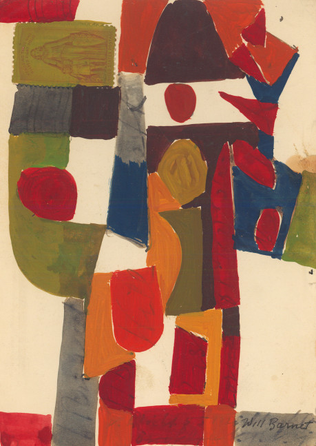 Abstract painting on paper consisting of geometric forms in green, grey, red, blue, orange, and mauve