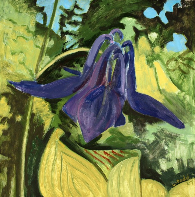 Painting of a purple flower surrounded by green foliage