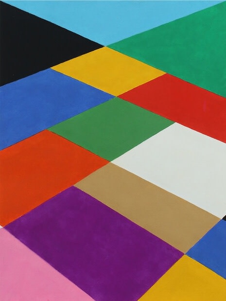 Geometric abstract painting with interlocking shapes in blue, green, black, red, white, purple, pink, and yellow