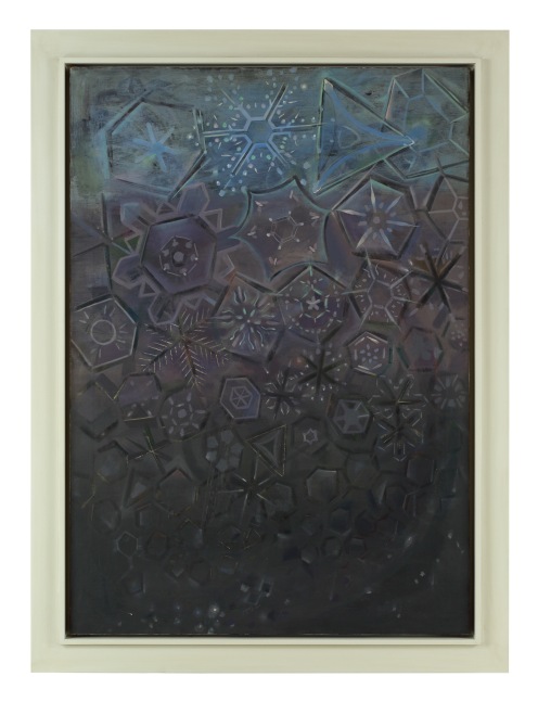 Painting of semi-abstract snow crystals arranged over a blue, purple, and grey ground