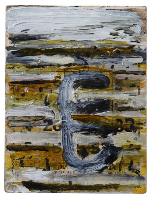 Abstract painting with forms and stripes in blue-grey, yellow, brown and white