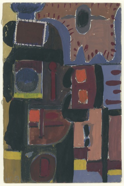 Abstract painting on paper consisting of geometric forms in black, maroon, green, yellow, and mauve