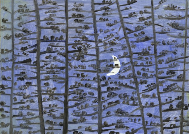 Painting of a crescent moon behind tall, thin trees