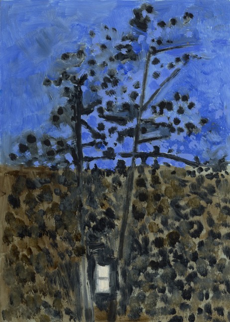 Cabin in Woods at Night, 2016, oil on aluminum flashing, 7 x 5 inches