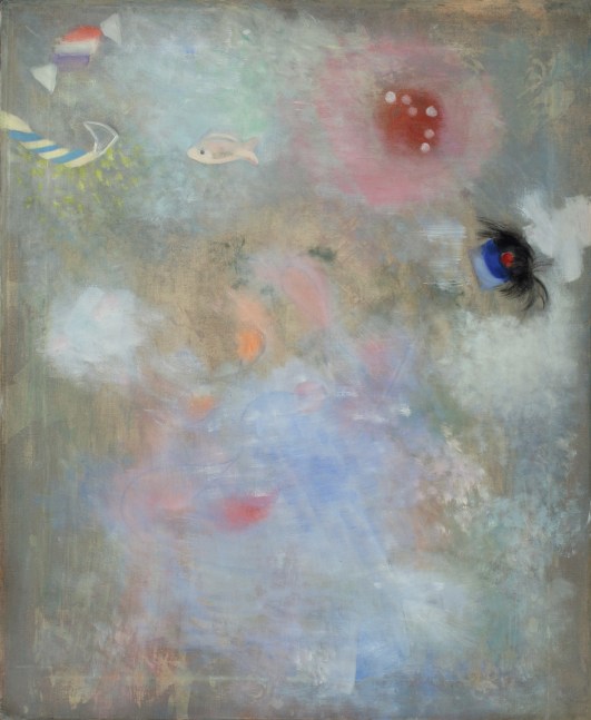 Painting with a fish and pieces of candy floating on an atmospheric surface