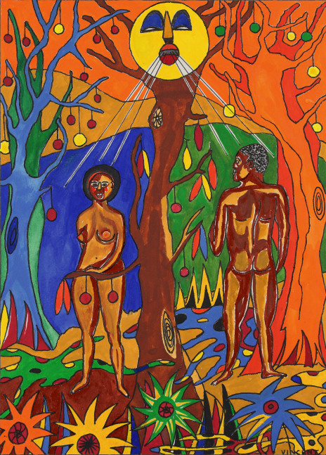 Drawing of a two nude figures in an abstracted landscape, surrounded by trees and flowers, and a yellow sun personified with a face breathing over their heads