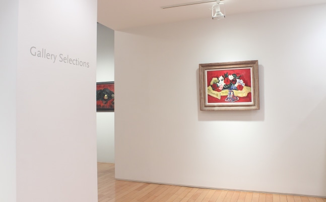 Photograph showing a view of an exhibition space, with one painting hanging on a white wall and wall text that reads &quot;Gallery Selections&quot; on the wall to the left