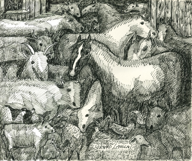 Ink drawing on paper of a group of horses, pigs, sheep and cows huddled close together in a barn
