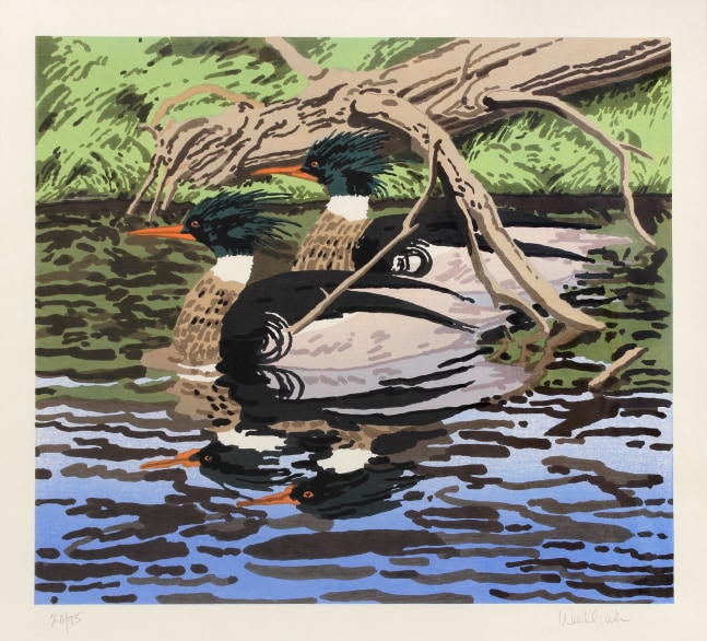 Woodcut of two ducks floating in a body of water, with a log on a grassy bank behind them