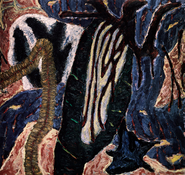 Abstract painting consisting of an arrangement of organic forms in black, deep blue, pink, yellow, white and red