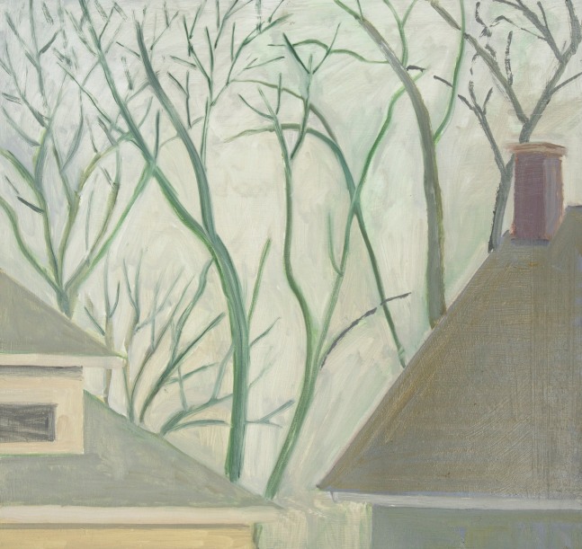 Adjacent Roofs, 2024, oil on Masonite, 15 x 15 3/4 inches