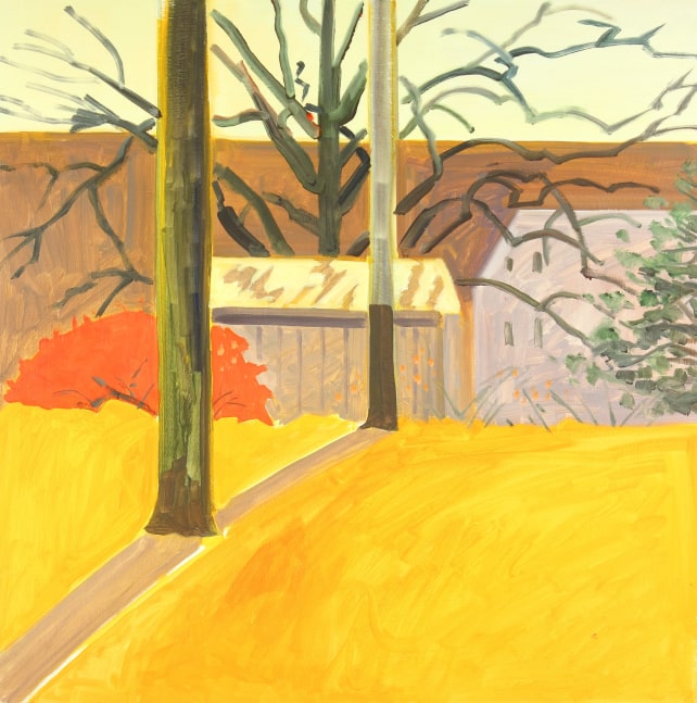 Landscape painting of two tall trees in a yellow field with buildings and trees in the background