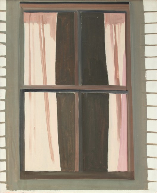 Painting of a window with parted curtains in the side of a white building