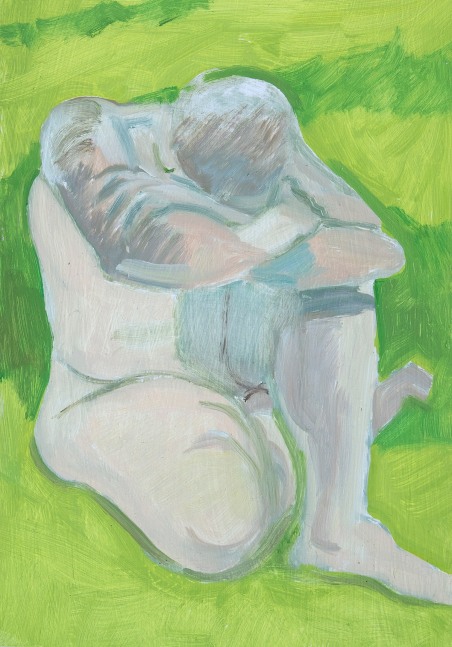 Painting of nude sitting in the grass with head resting on folded arms