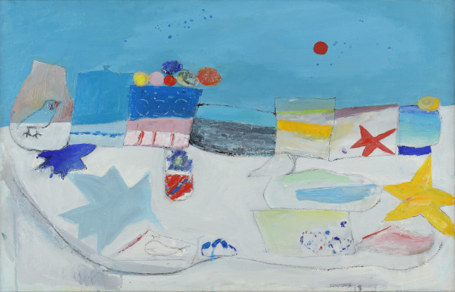 Painting of an abstracted beach scene with birds, starfish, vases of flowers, vessels, and other objects on the sand with a blue sky and red sun in the background