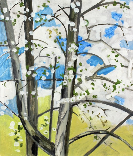 Painting of a white flowering tree with a blue sky with white clouds and a field of green grass in the background