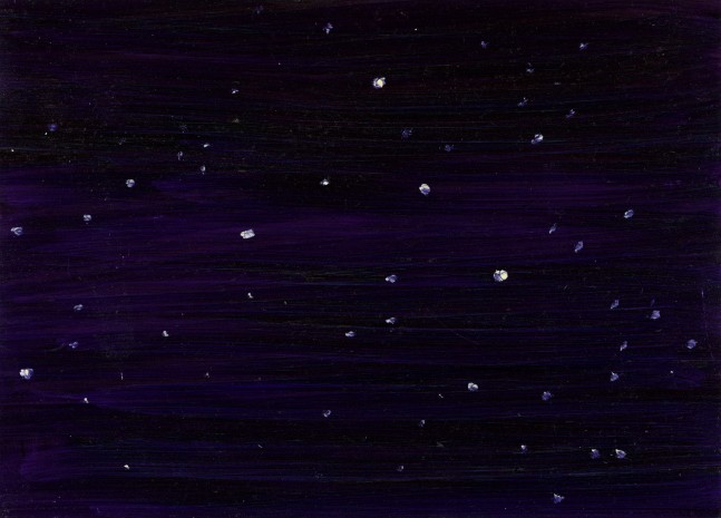 Painting of white dots scattered over a dark blue and black surface