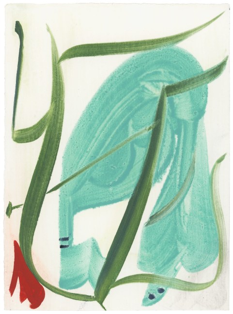 Abstract painting with organic forms in teal, green, and red on a cream-colored ground